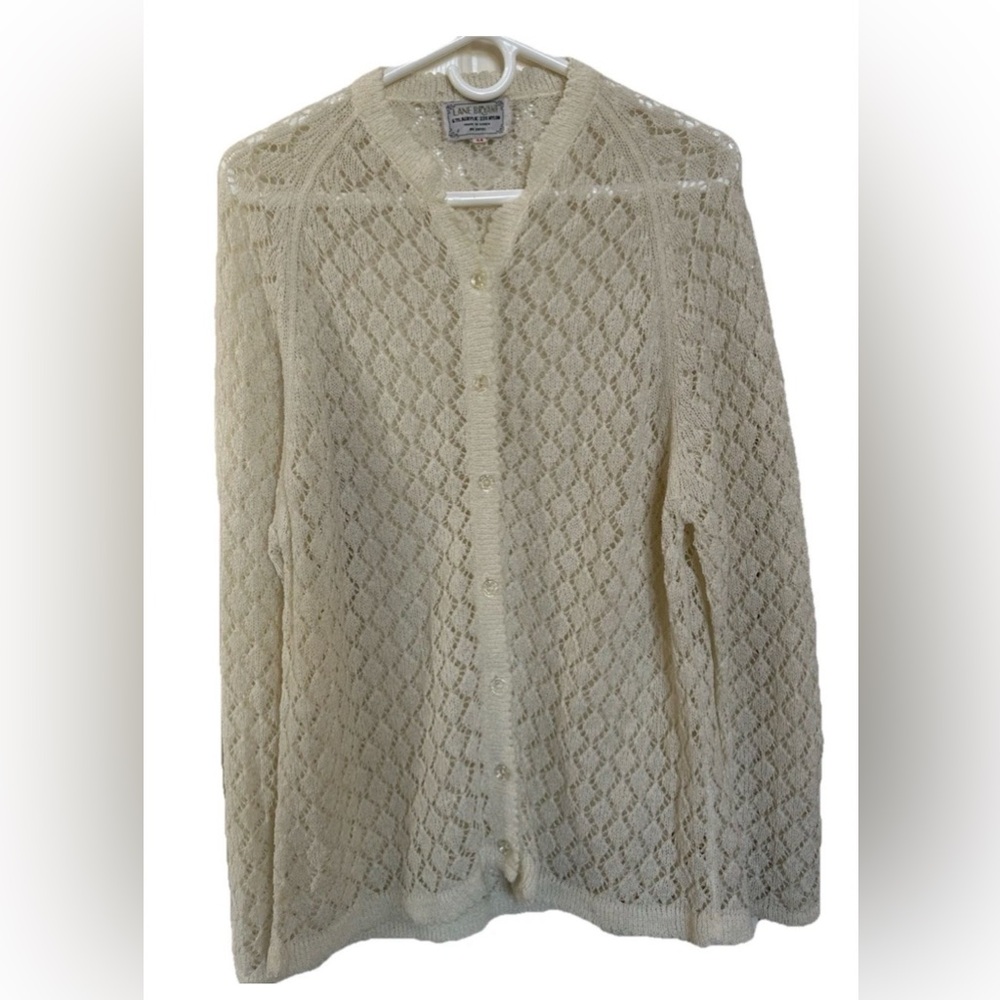 VTG Ivory Crochet Diamond Pointelle Eyelet Knit Cardigan Sweater-Sz 44-*Read
